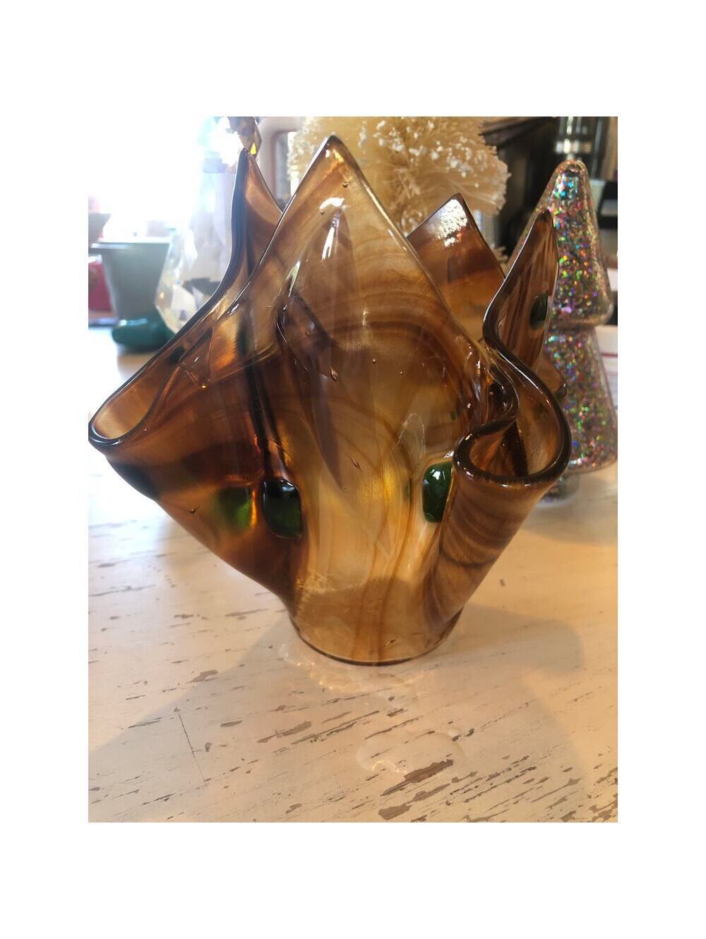 Vintage Unmarked Glass Handkerchief Vase 5" Brown with Green Polka Dots